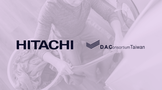 Logos of Hitachi, D.A. Consortium Taiwan, and The Trade Desk displayed over a background image of a person loading laundry into a washing machine.