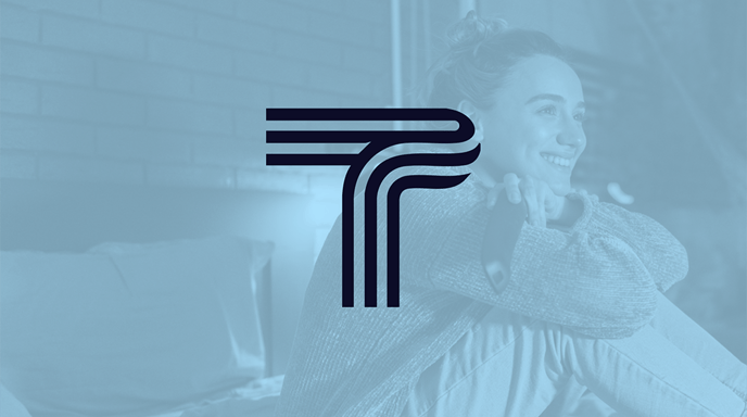 Together agency logo over a blue image of a woman sitting and smiling