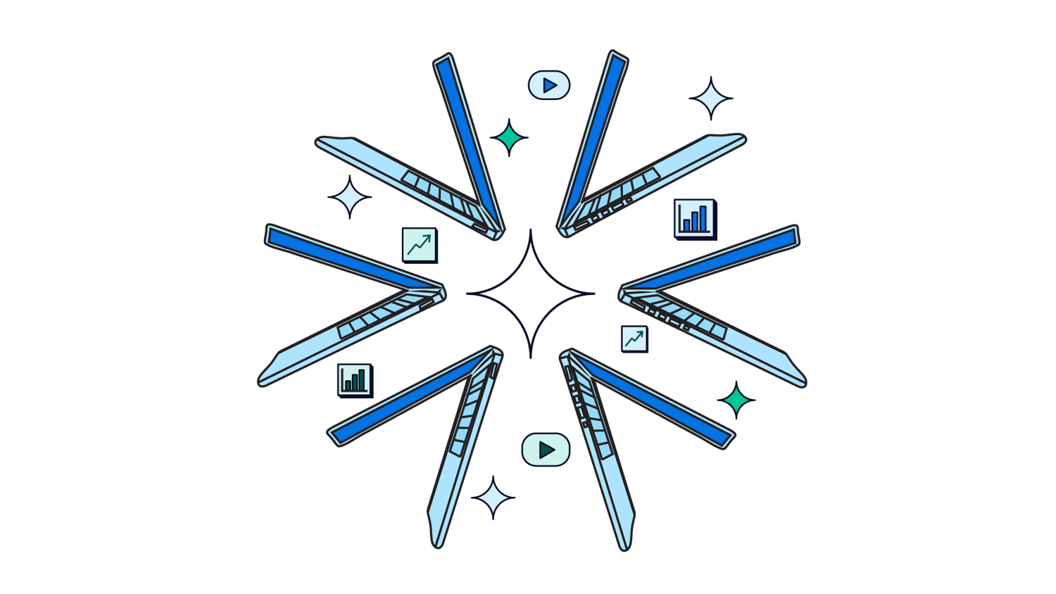 Laptops, media formats, AI sparkles, and data form the shape of a snowflake.
