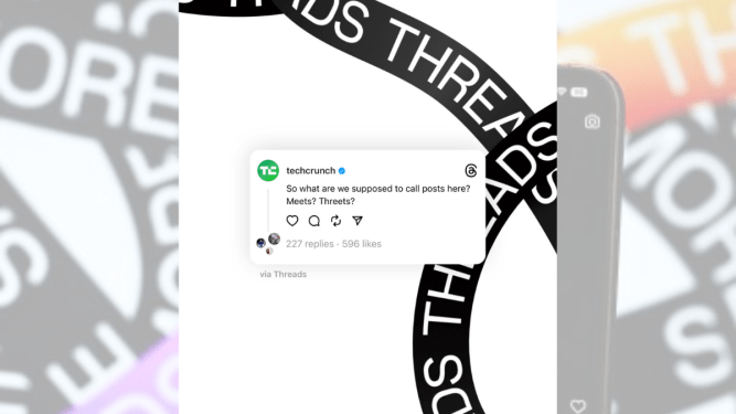 TechCrunch's first Threads post with the Threads logo in the background, sharing Threads on Instagram