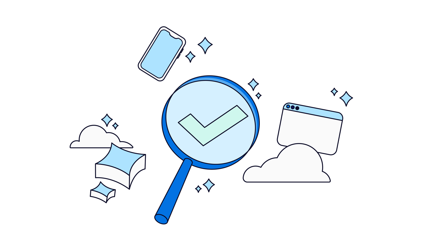 Illustration of a magnifying glass with a checkmark, surrounded by a smartphone, web browser window, and clouds, symbolizing digital verification.