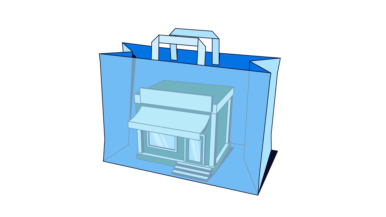 3D illustration of a small storefront placed inside a blue shopping bag, representing retail or ecommerce purchasing.
