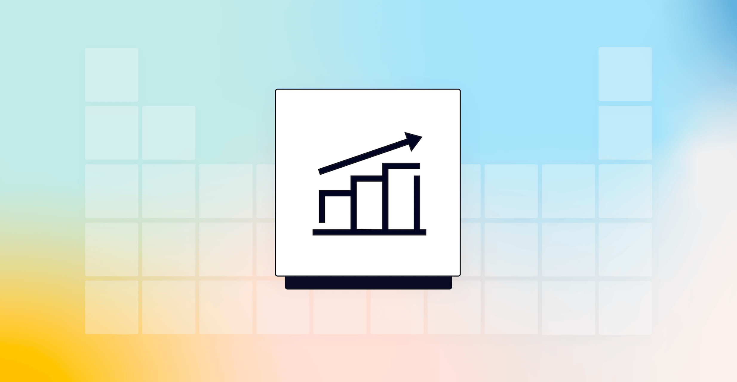 A black upward-trending bar chart with an arrow is centered on a white square, set against a gradient blue and yellow background with faint grid lines.