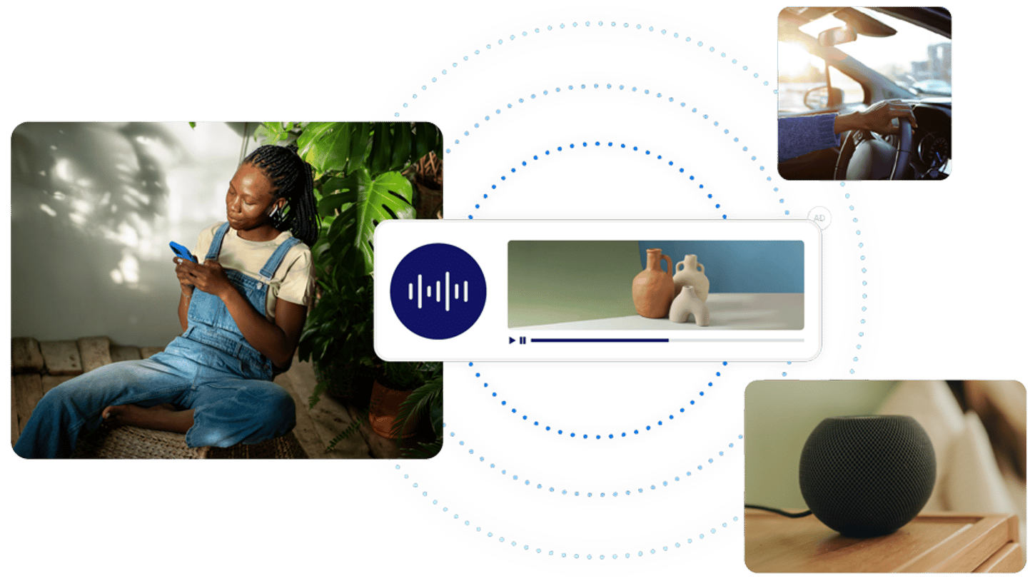 A collage-style digital illustration showing a woman using a smartphone, a person driving, a smart speaker, and an audio player interface, representing seamless audio streaming and connectivity.